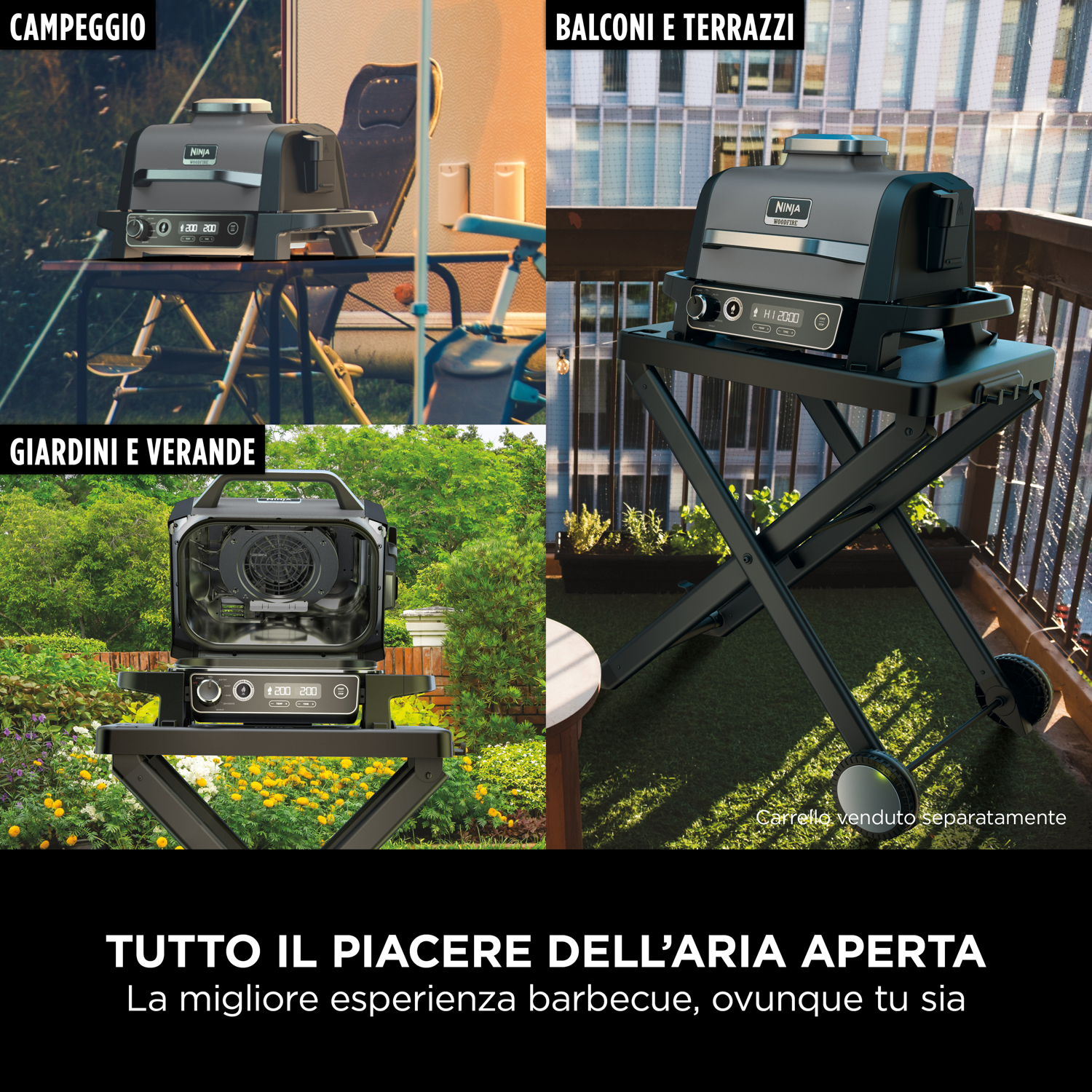 Diverse scene di un grill Ninja in vari contesti esterni: campeggio, balcone e giardino.