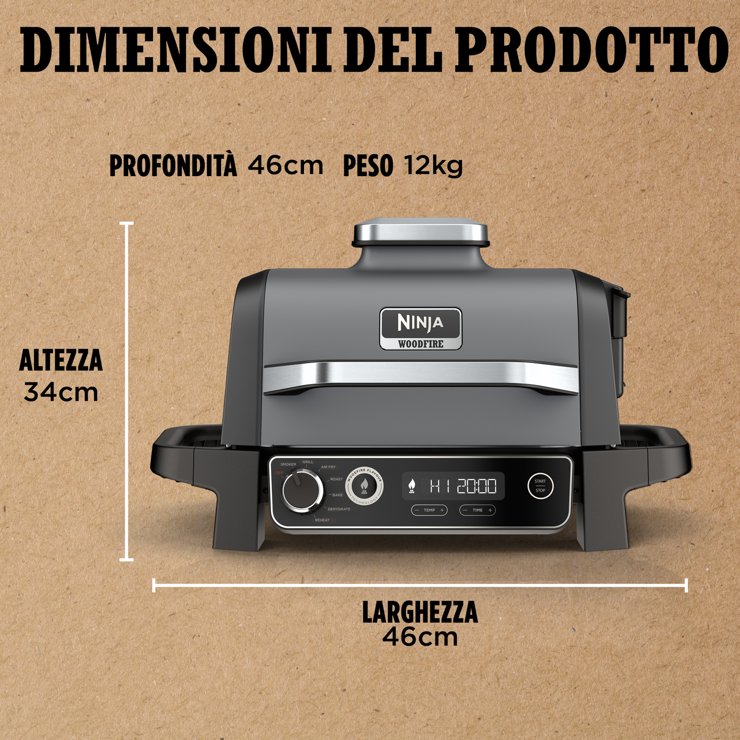 Griglia Ninja Woodfire con dimensioni. Le etichette di testo mostrano altezza, larghezza e profondità.