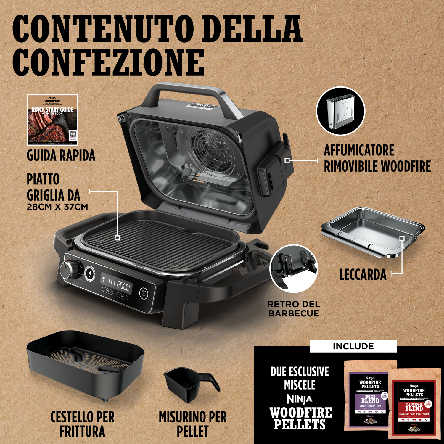 Set grill Ninja Woodfire con componenti e accessori mostrati. Testo in italiano. Sfondo bianco.