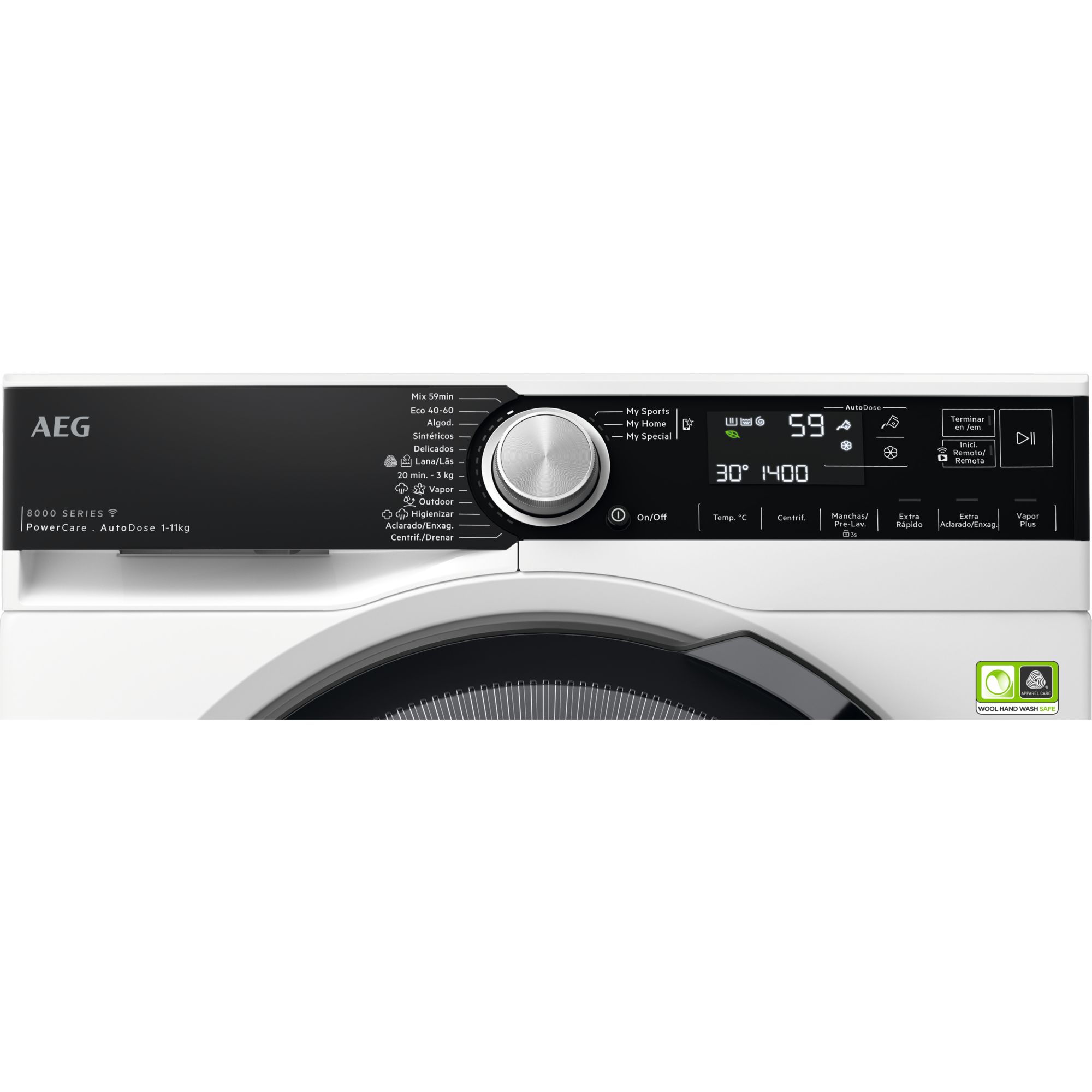 Panel de control de lavadora. Botones y un dial. Blanco y negro. Pantalla digital con números.
