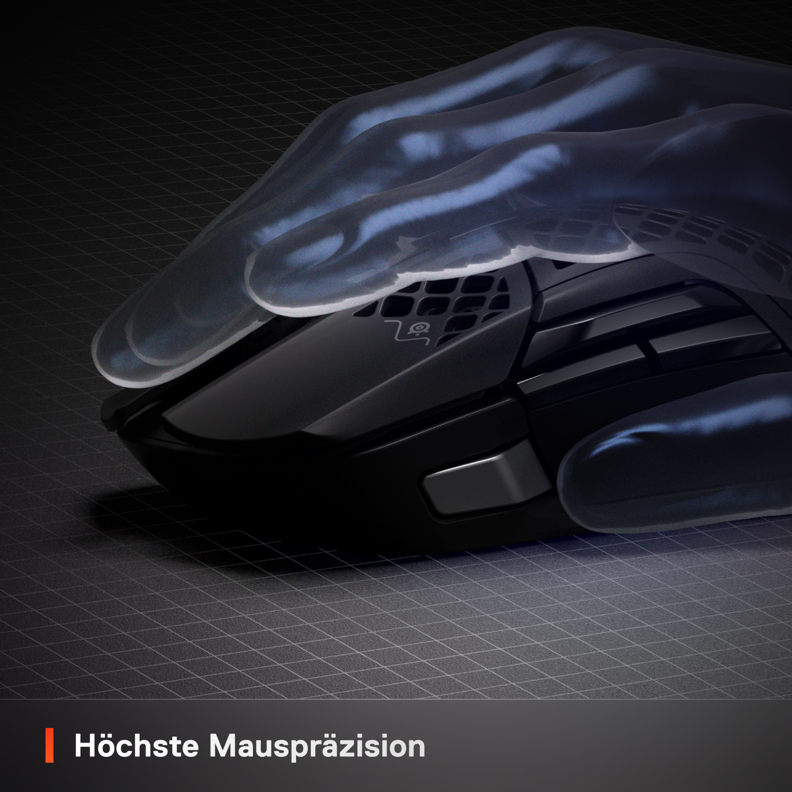 Eine schwarze Gaming-Maus mit Hand-Overlay. Der Text lautet „Höchste Mauspräzision“ mit futuristischem Hintergrund.