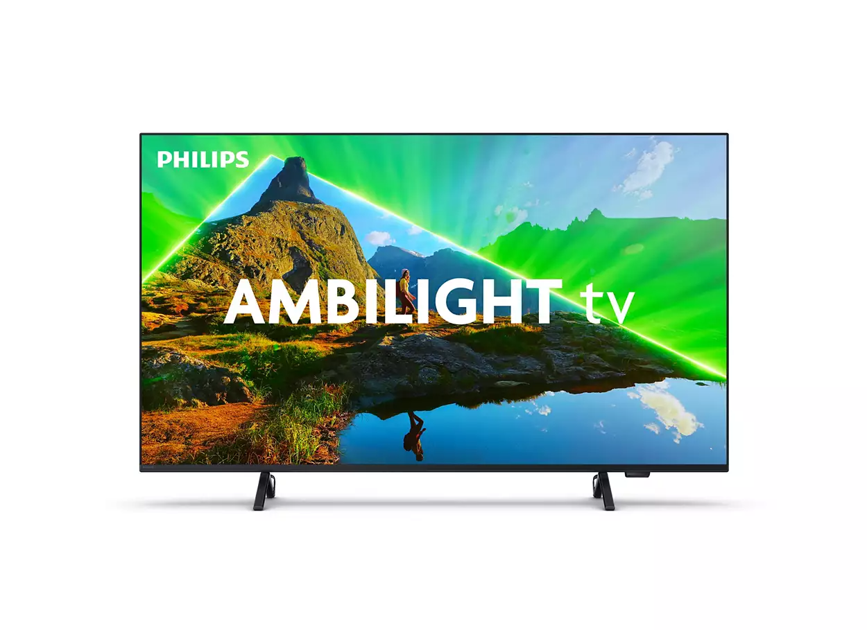Philips Ambilight TV zeigt Landschaft. Grüne Lichtstrahlen und ein Berg sind sichtbar.