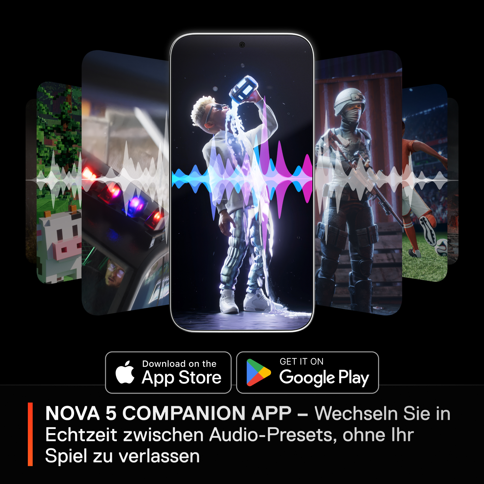 Ein Telefonbildschirm mit Spielszenen und Audio-Wellenformen. App Store und Google Play Logos.