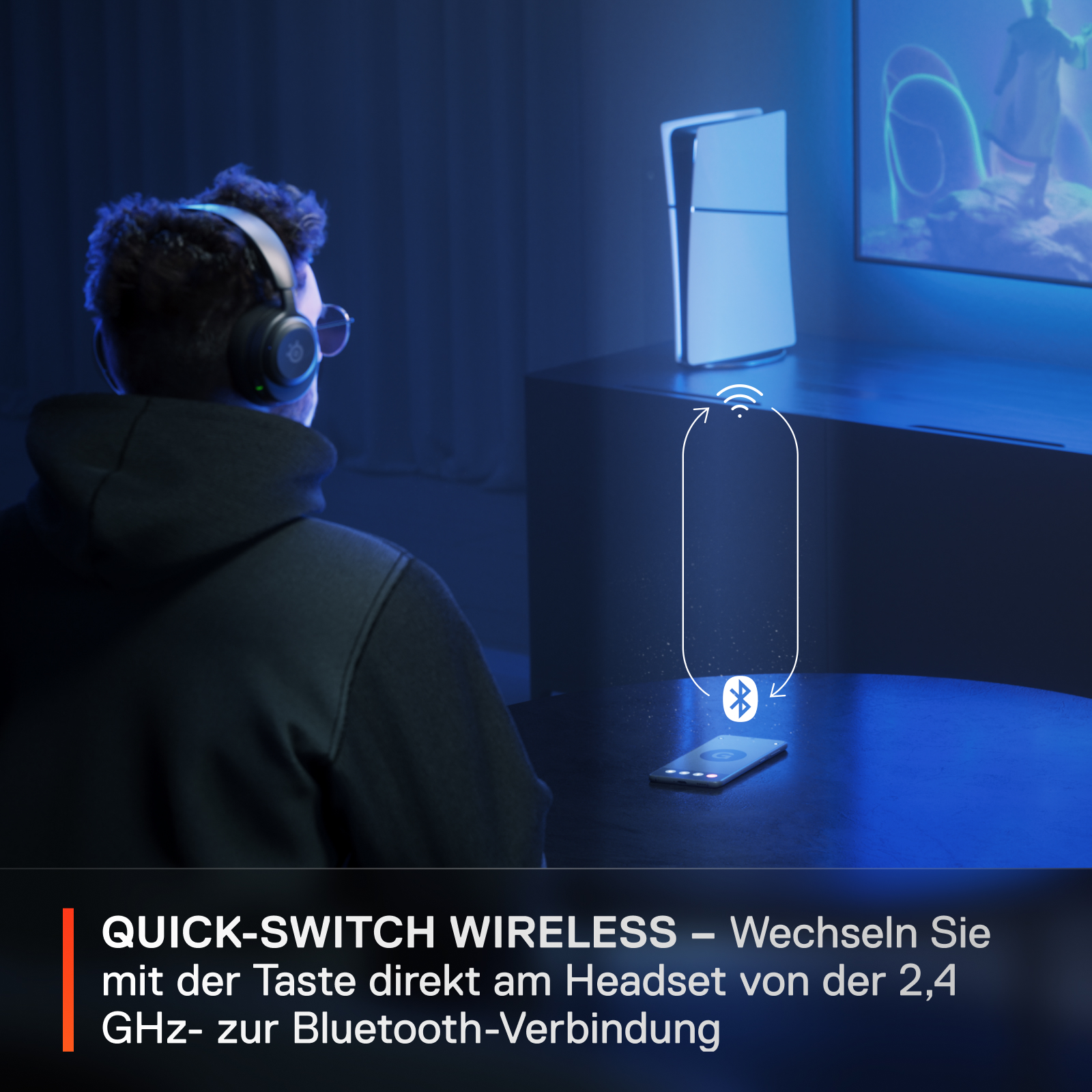 Mann mit Headset, Telefon und Konsole.