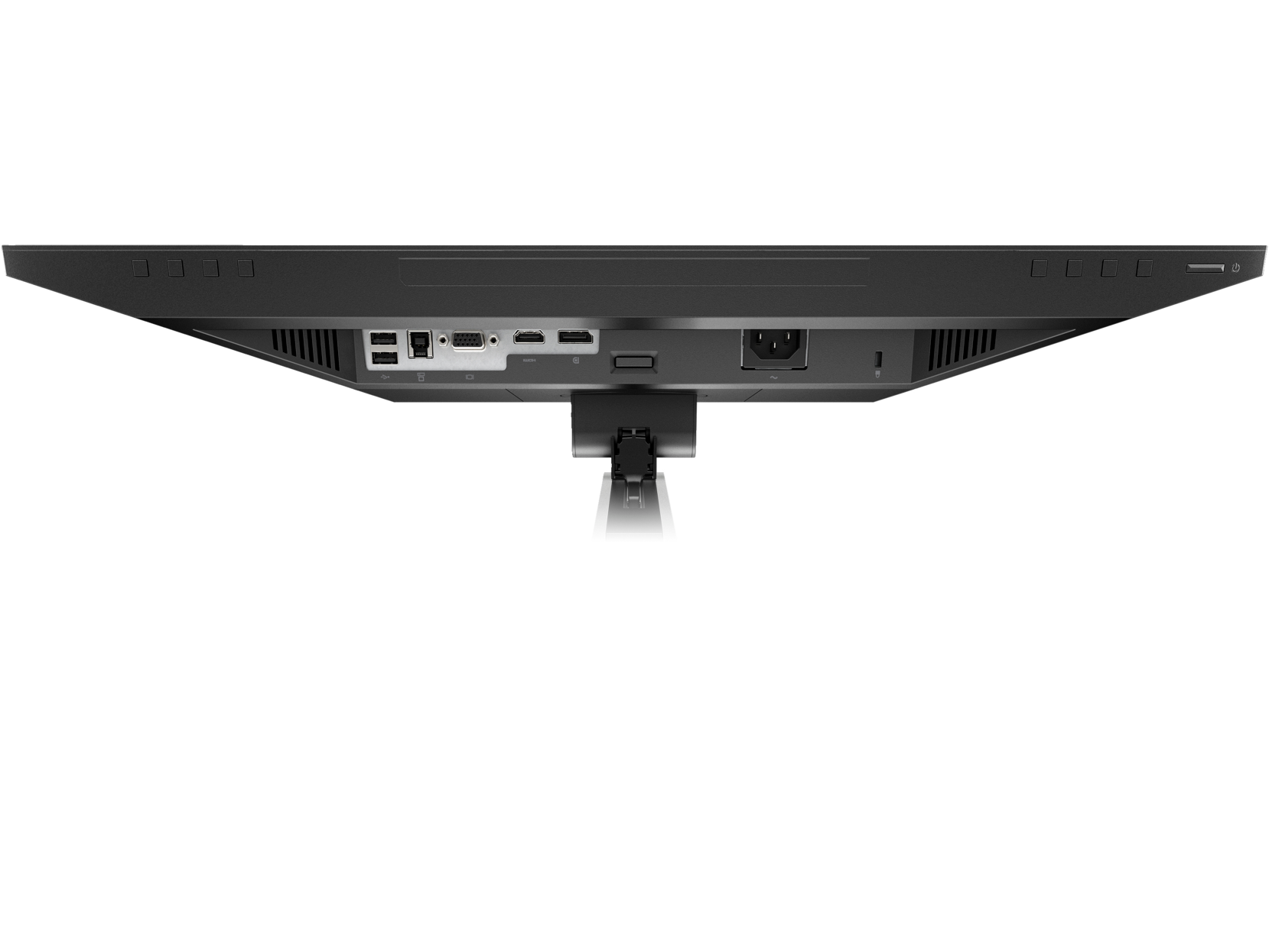 Parte inferior de un monitor negro con puertos y un soporte.