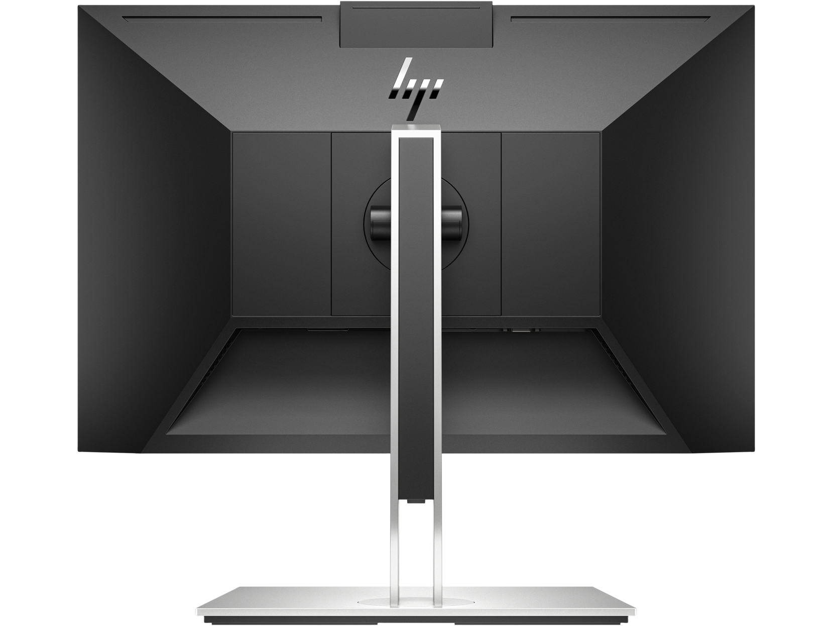 La parte trasera de un monitor negro, con el logotipo de HP y un soporte plateado.