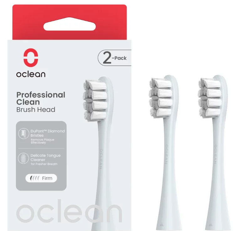 Dwie głowice szczoteczki do zębów w opakowaniu, z nazwą produktu i szczegółami.