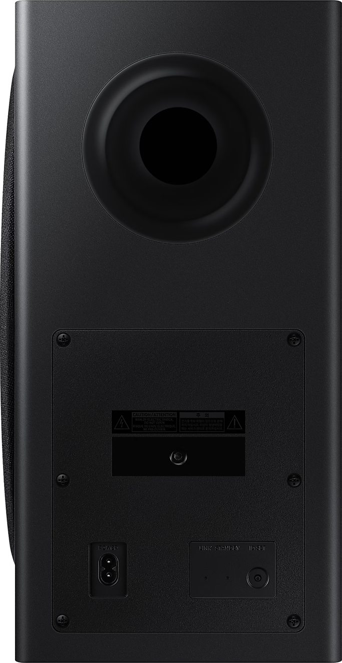 Vue arrière d'une barre de son Samsung noire avec ports et marquages.