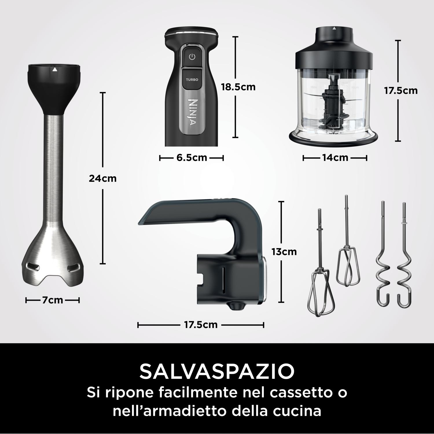 Frullatore a immersione Ninja con accessori e misure, sfondo bianco.