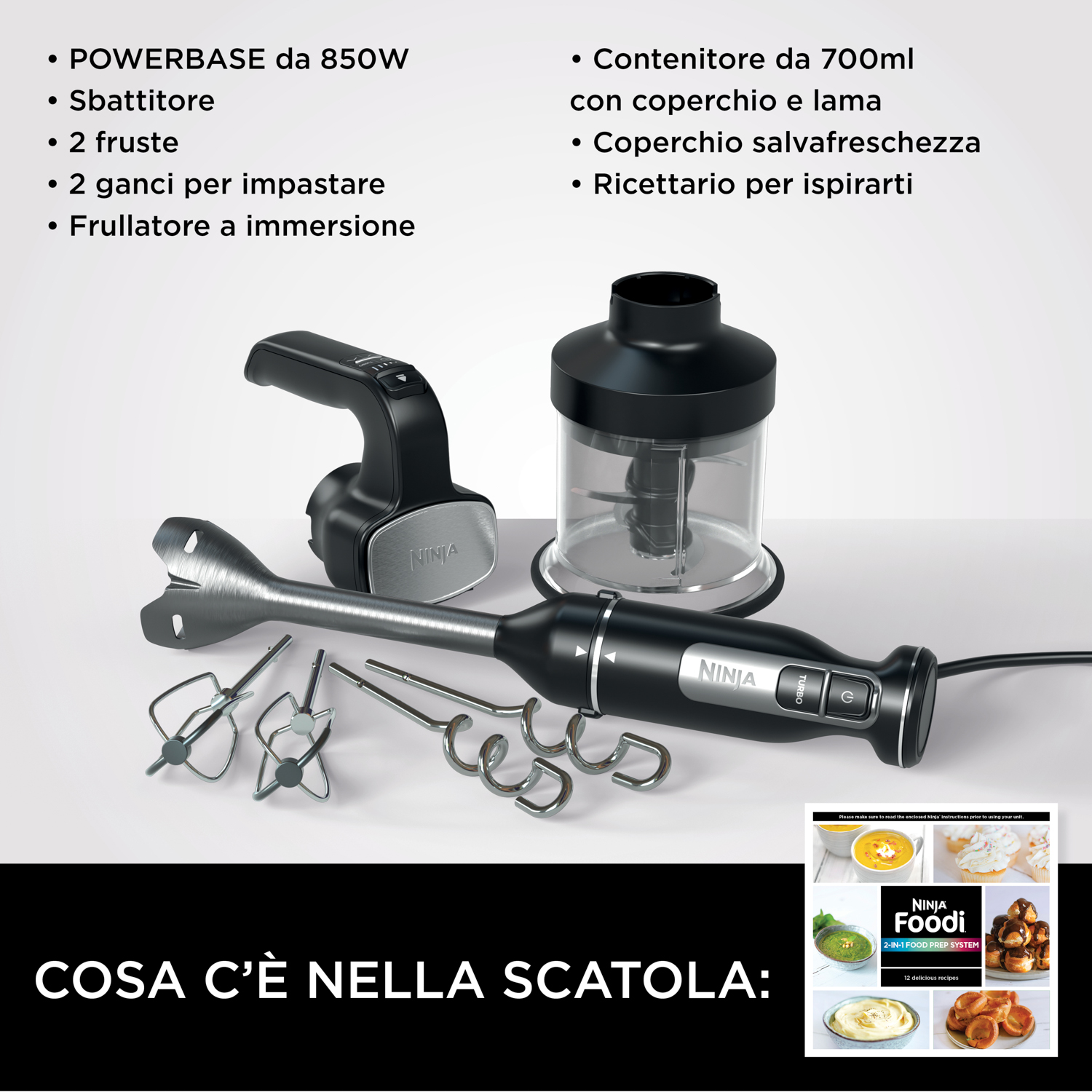 Frullatore a immersione Ninja con accessori, componenti ed esempi di ricette.