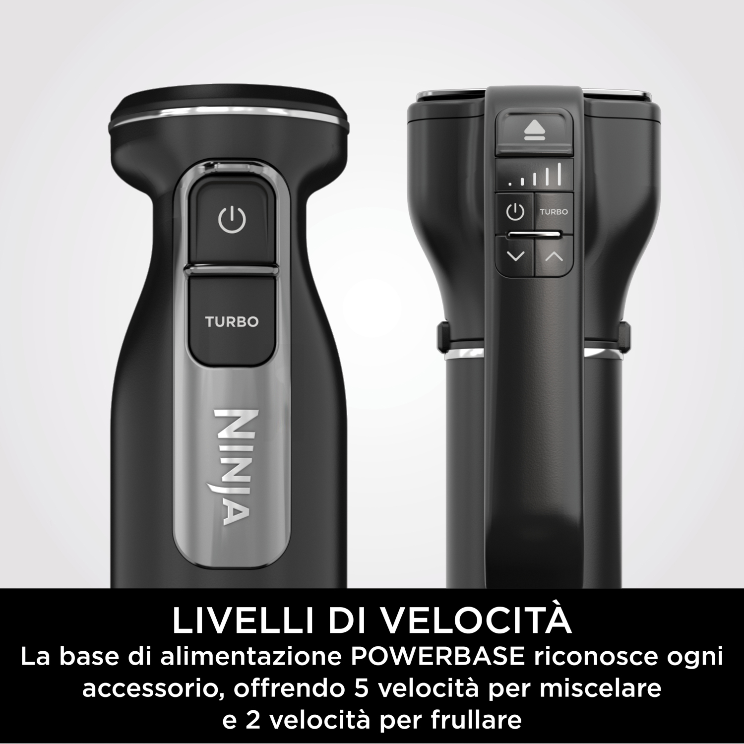 Due frullatori a immersione Ninja neri, che mostrano il lato e il fronte.