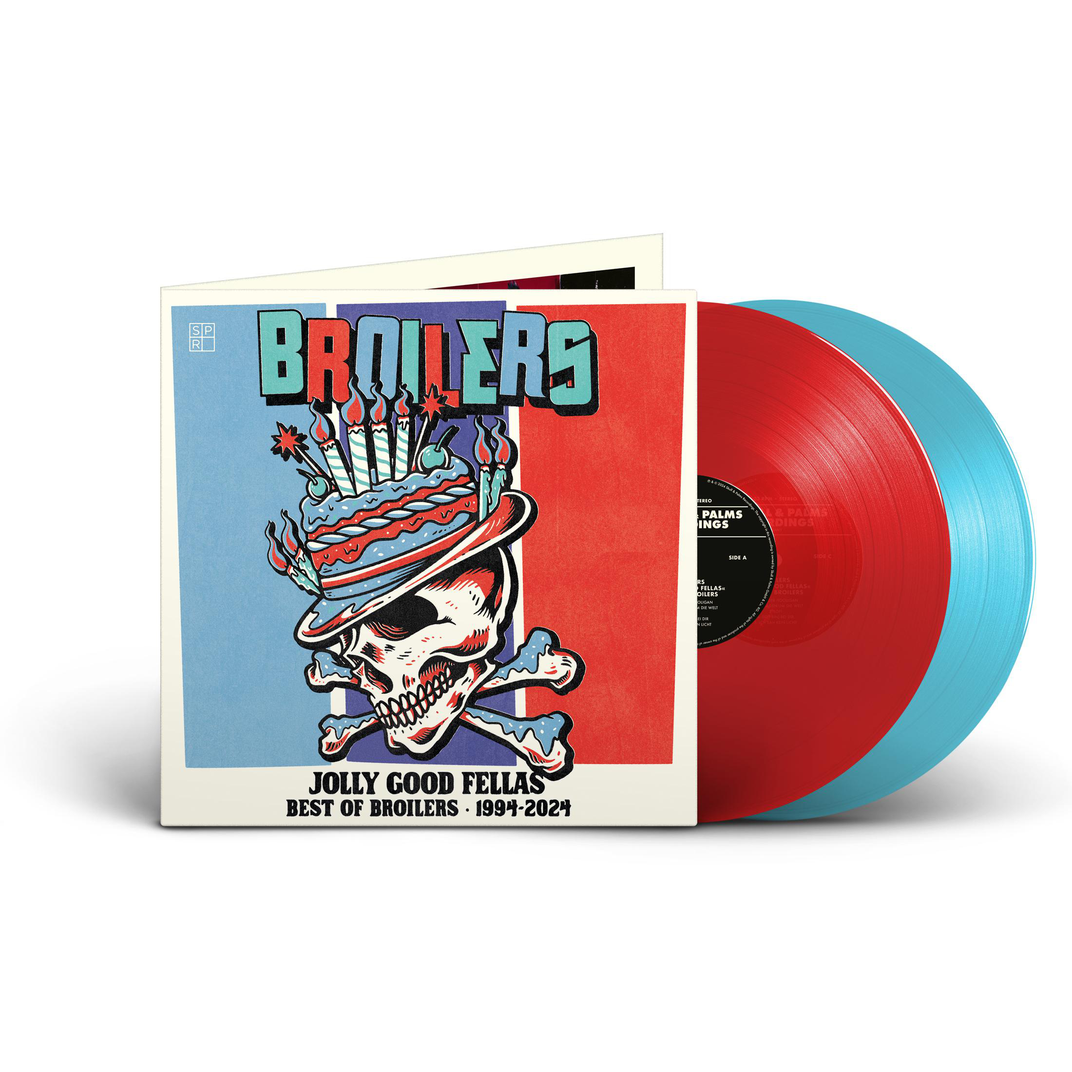 Vinyl-Schallplattenalbumcover mit Totenkopf-Cartoon und roten und blauen Schallplatten.