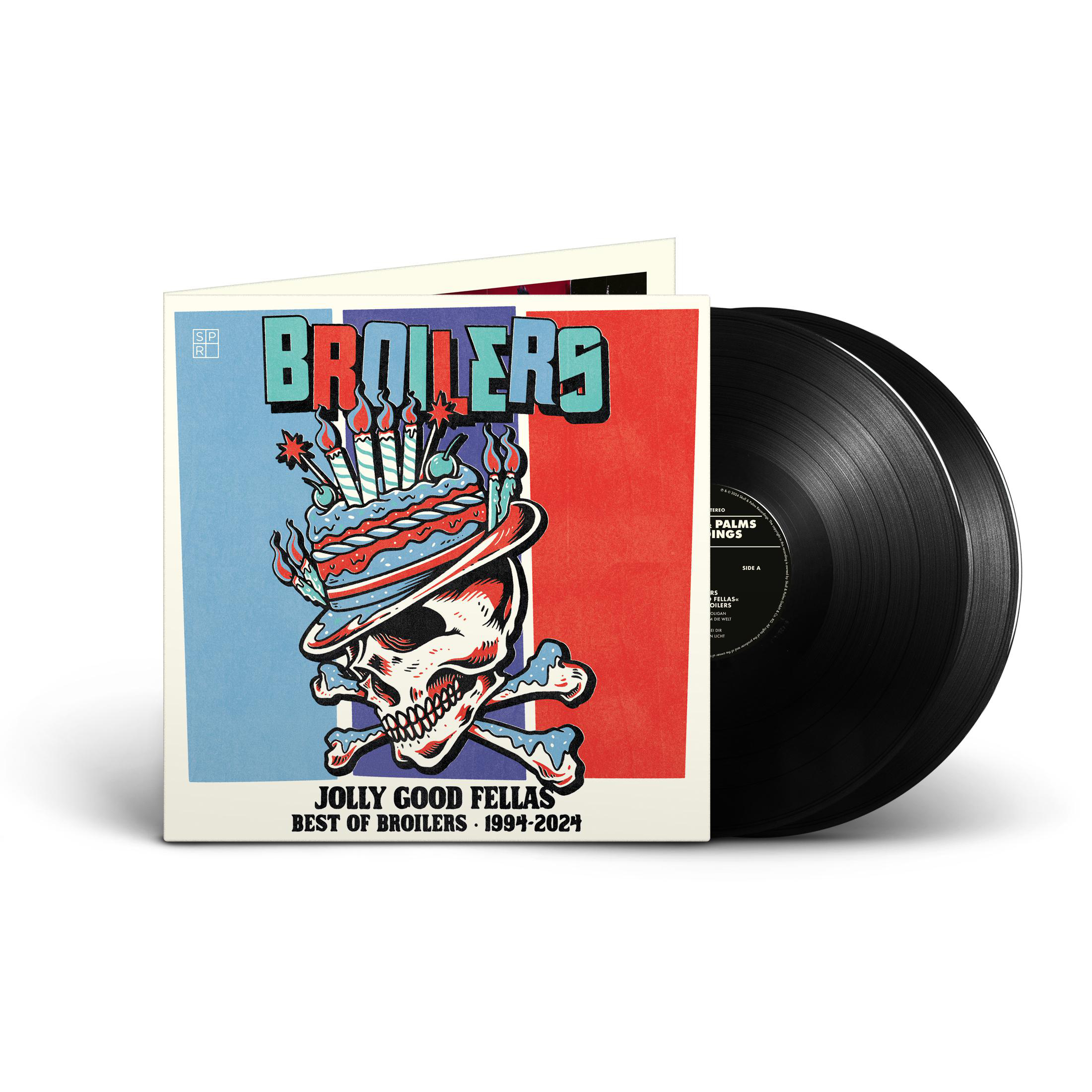 Ein Vinyl-Schallplatten-Albumcover mit einem Totenkopf mit Hut und dem Text "Broilers".