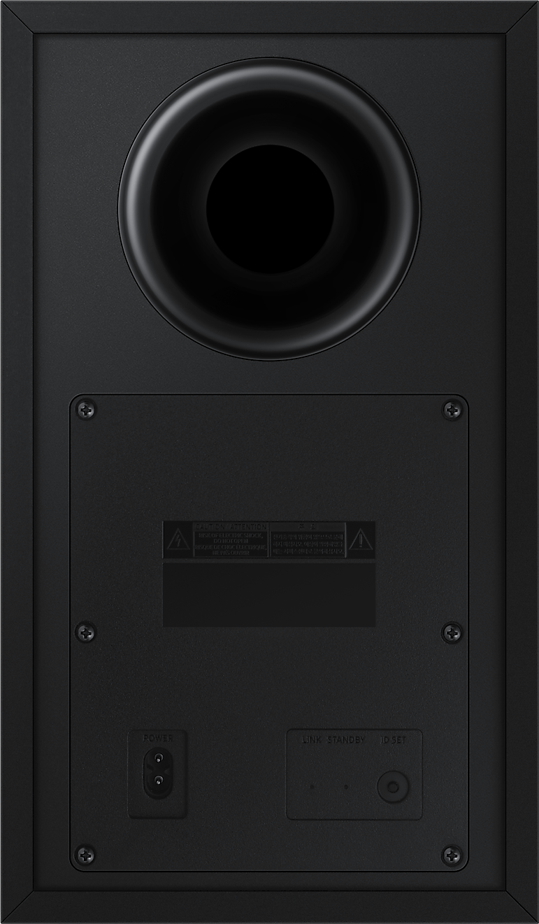 Arrière d'un caisson de basses Samsung noir. Ports et connecteur d'alimentation visibles.