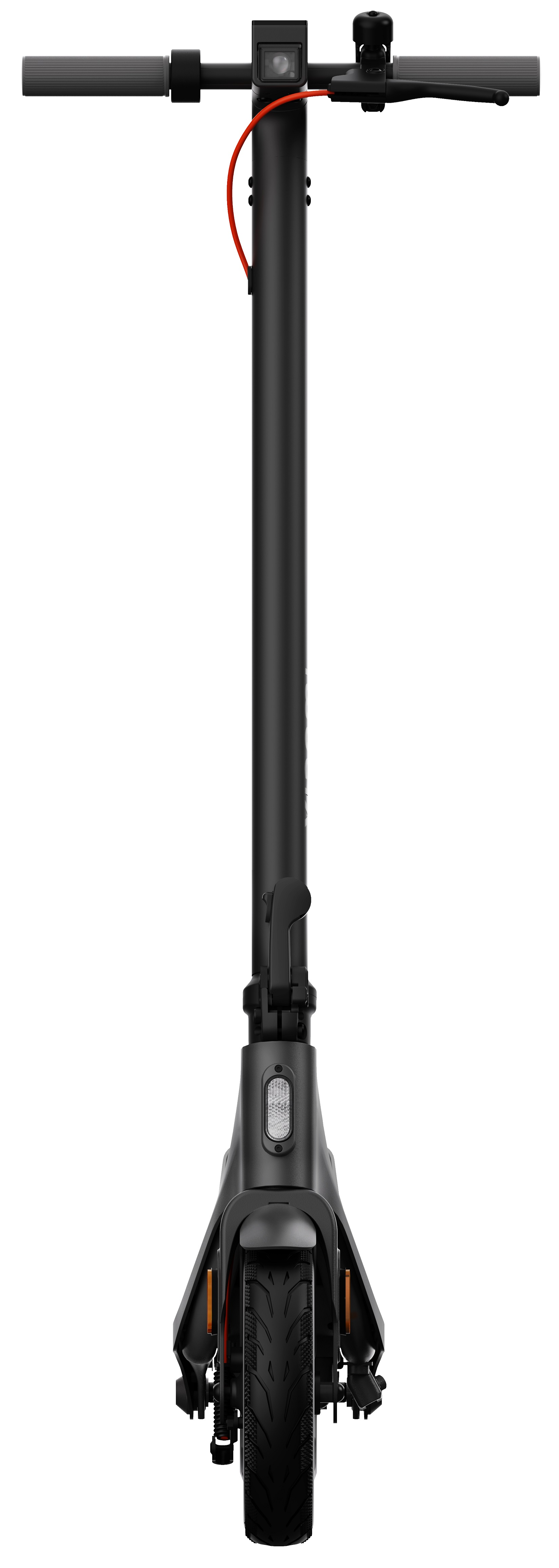 Czarna hulajnoga elektryczna, widziana z przodu, z czarną kierownicą i czerwonym kablem.