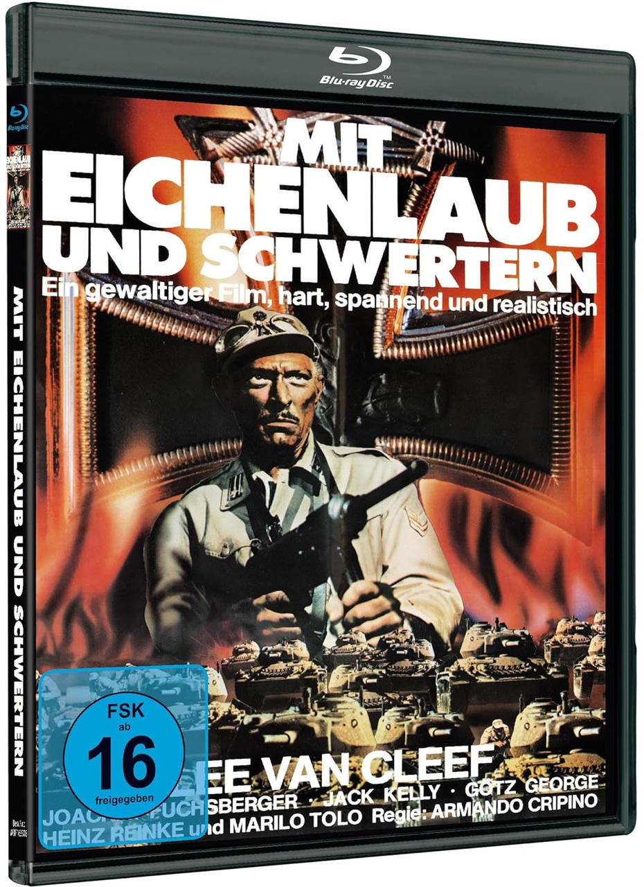Filmcover. Mann in Militäruniform, Panzer im Hintergrund. Text: Mit Eichenlaub und Schwertern.