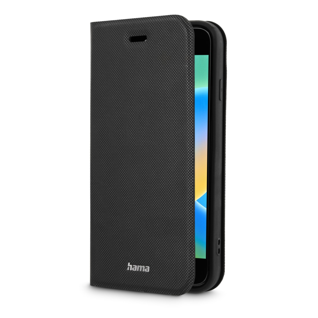Schwarzes Telefon in einem schwarzen Hama-Folio-Case, geöffnet, wobei der Bildschirm sichtbar ist.