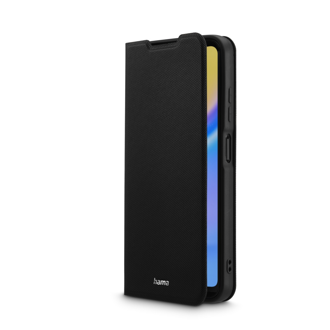 Eine schwarze Handyhülle, offen, die ein Telefon im Inneren zeigt. Die Hülle hat eine strukturierte Oberfläche.