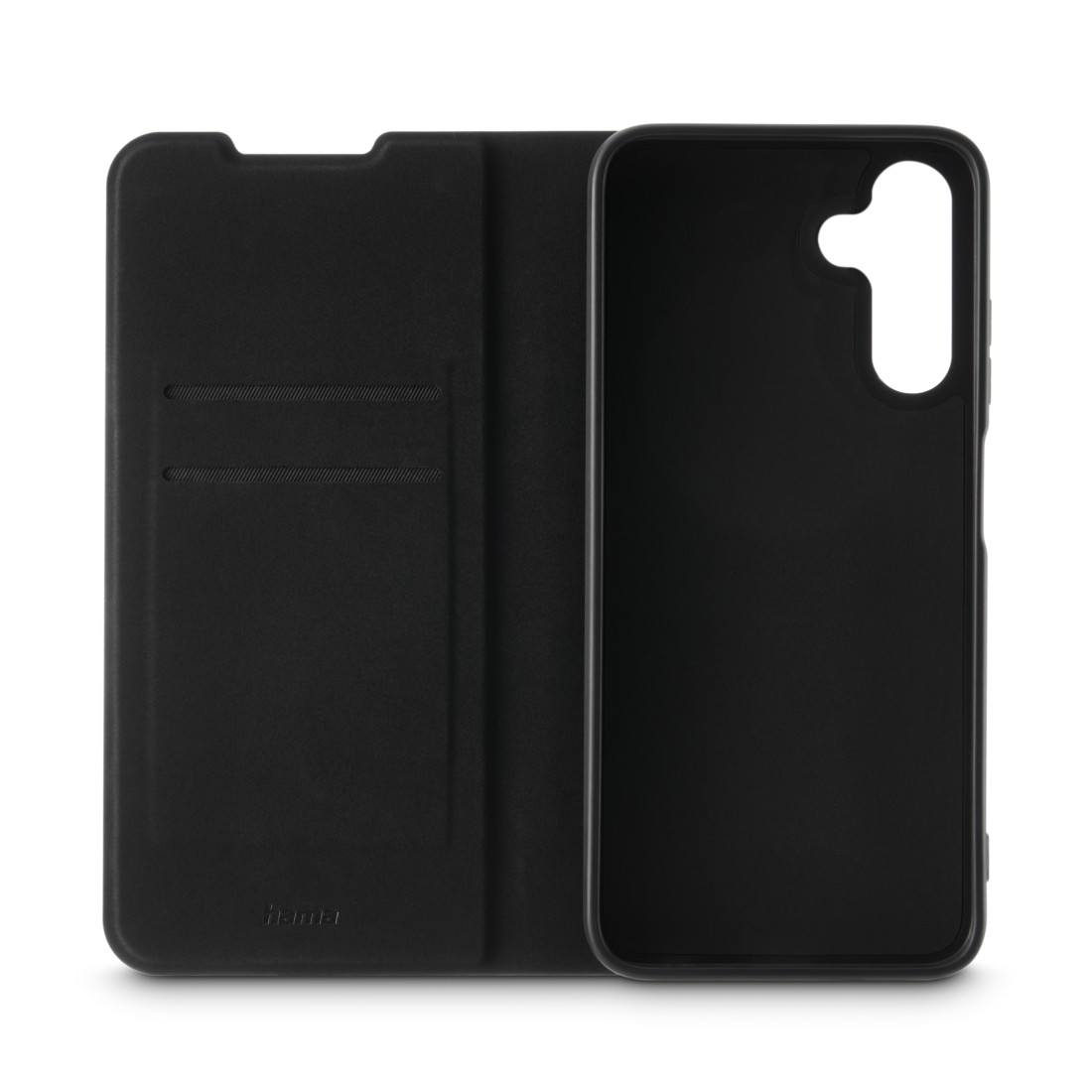 Eine schwarze Handyhülle, offen, mit Kartenfach. Das Telefon ist nicht vorhanden.