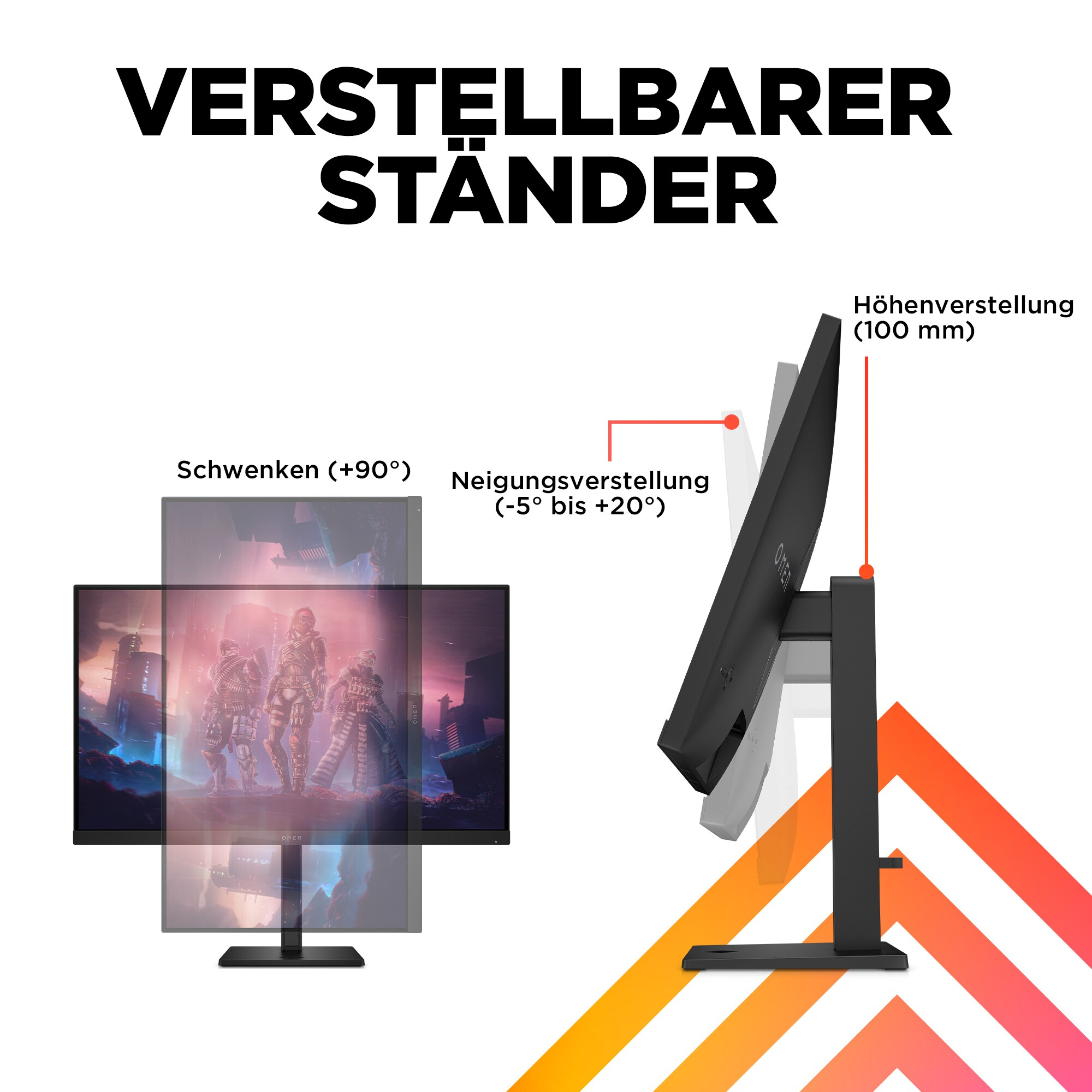 Grafik zeigt die Monitoständer-Einstellungsmöglichkeiten: Schwenken, Neigen, Höhenverstellung.