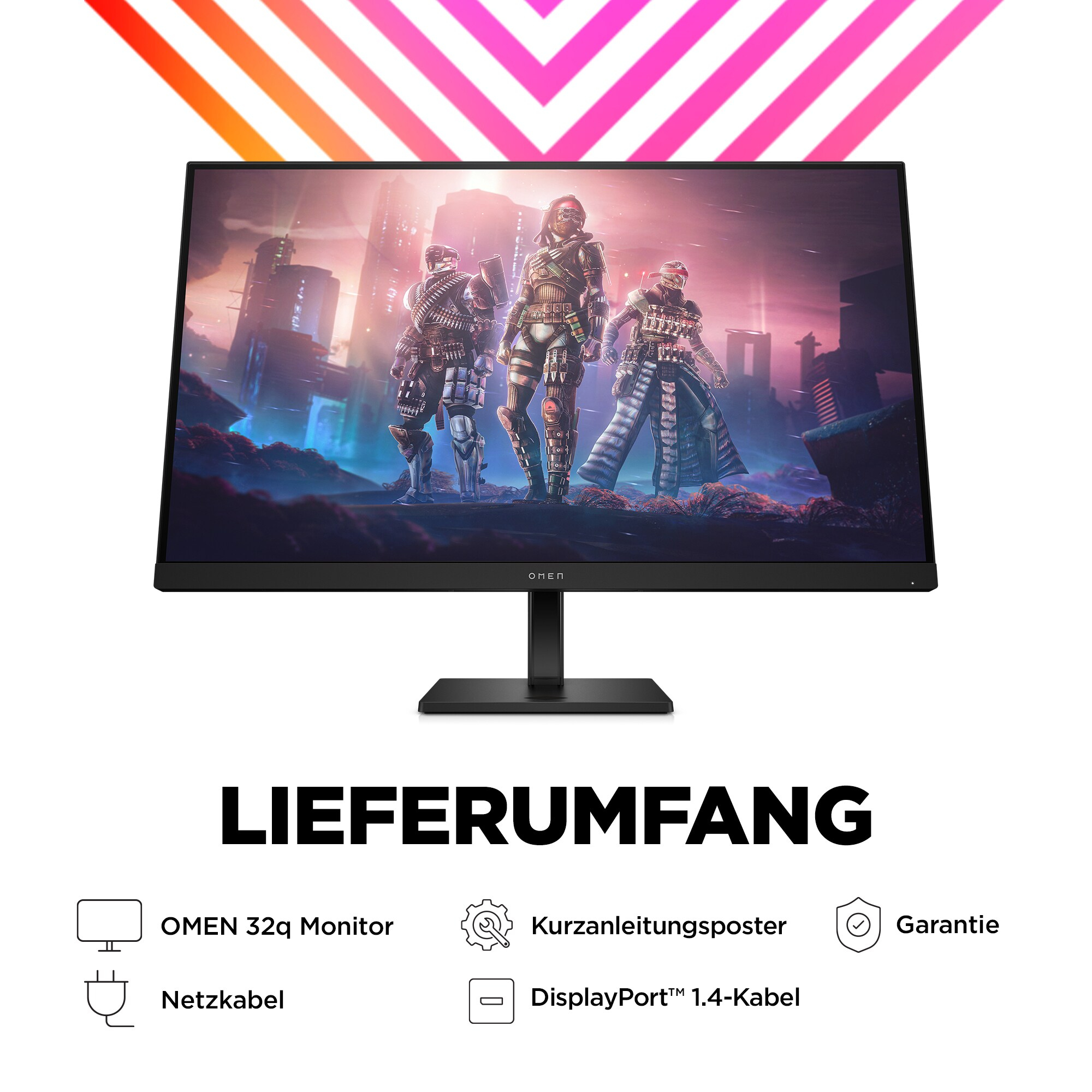 Computermonitor mit Spielszene und Text darunter: 'LIEFERUMFANG'.