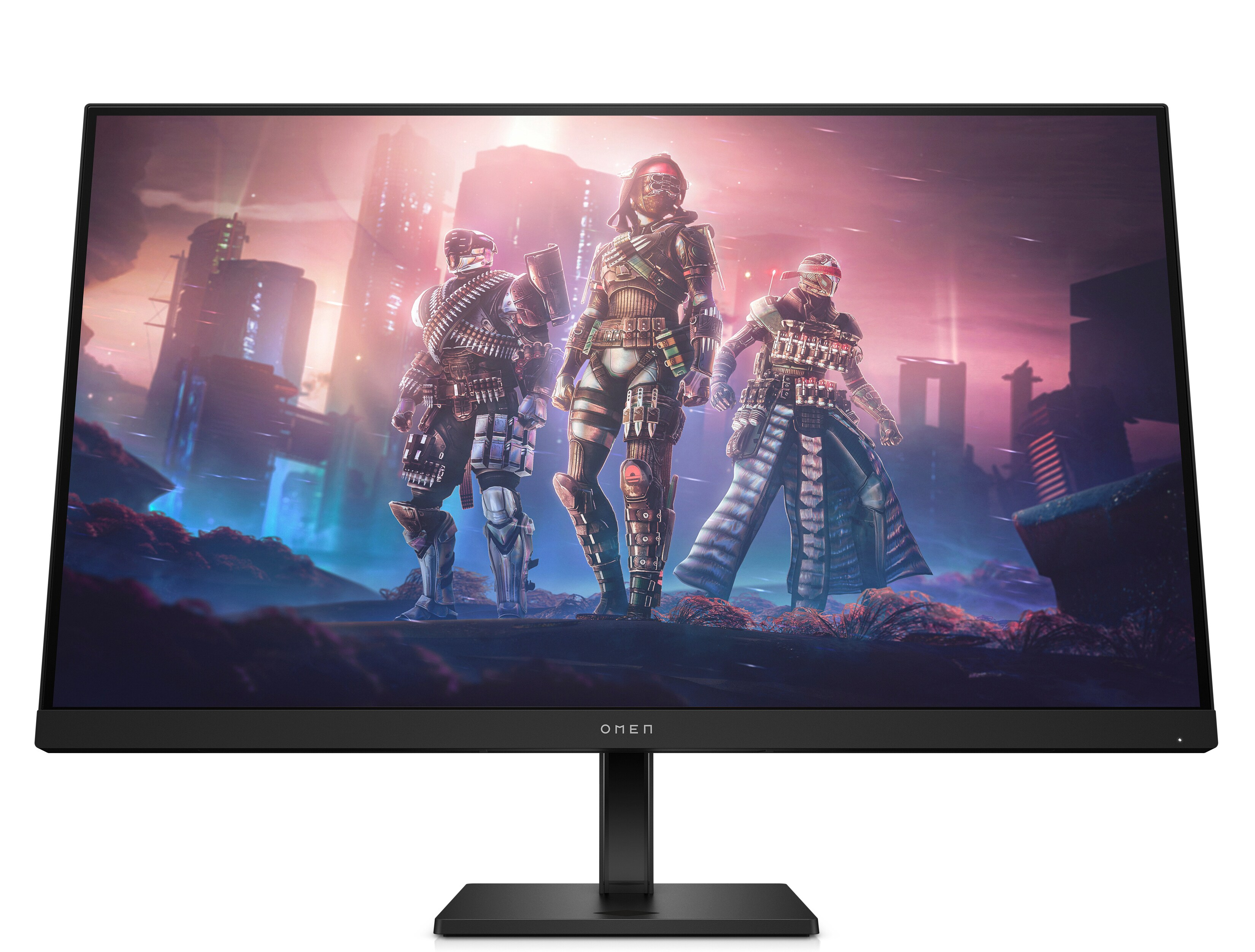Schwarzer OMEN-Monitor zeigt eine Videospielszenen mit drei Figuren in futuristischen Outfits.