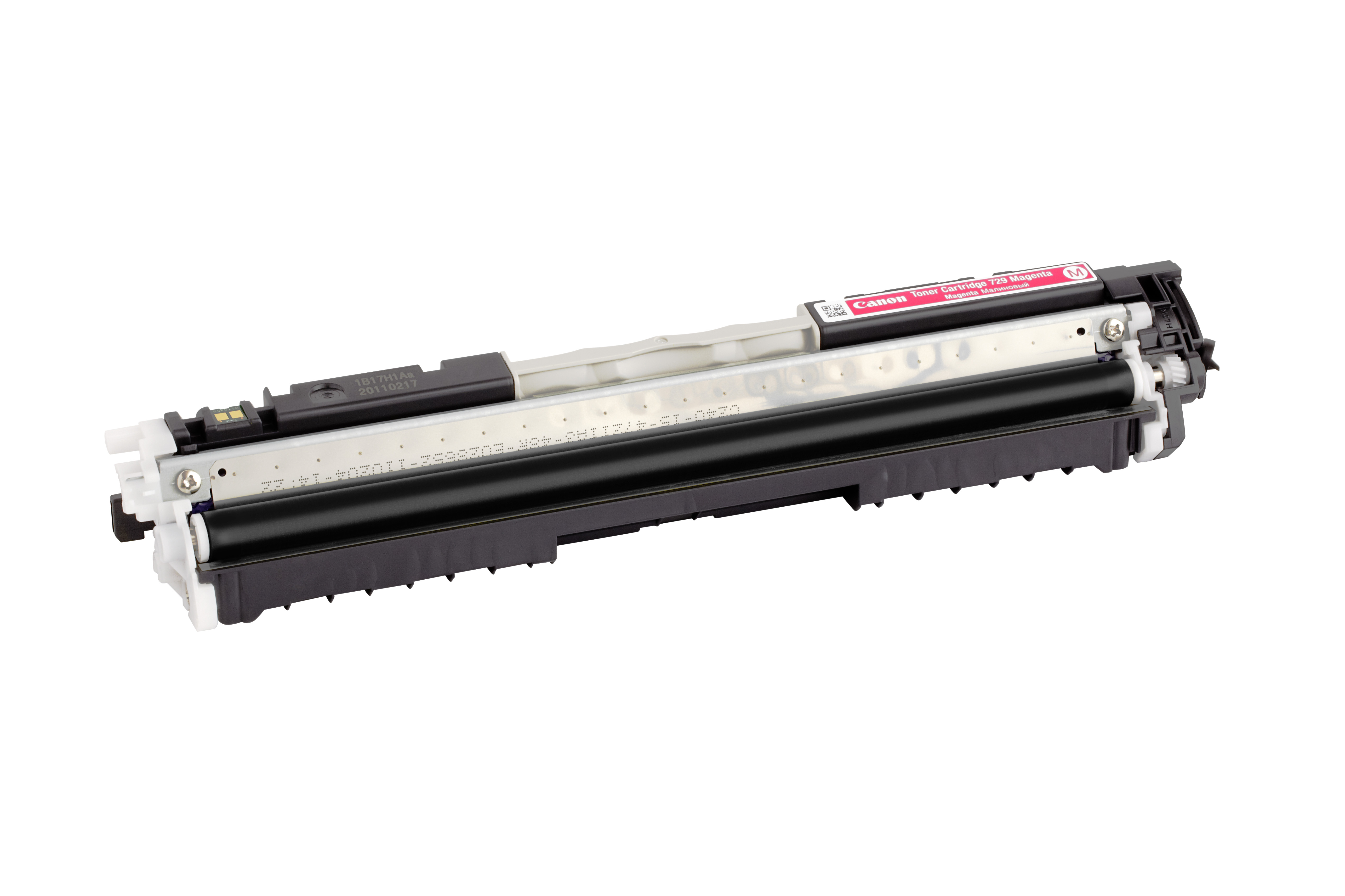 Canon Tonerkartusche 730 Magenta. Die Kartusche hat ein Schwarz-Weiß-Farbschema.