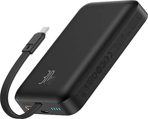 USB-C kablosu takılı siyah güç bankası ve güç seviyesi göstergesi.