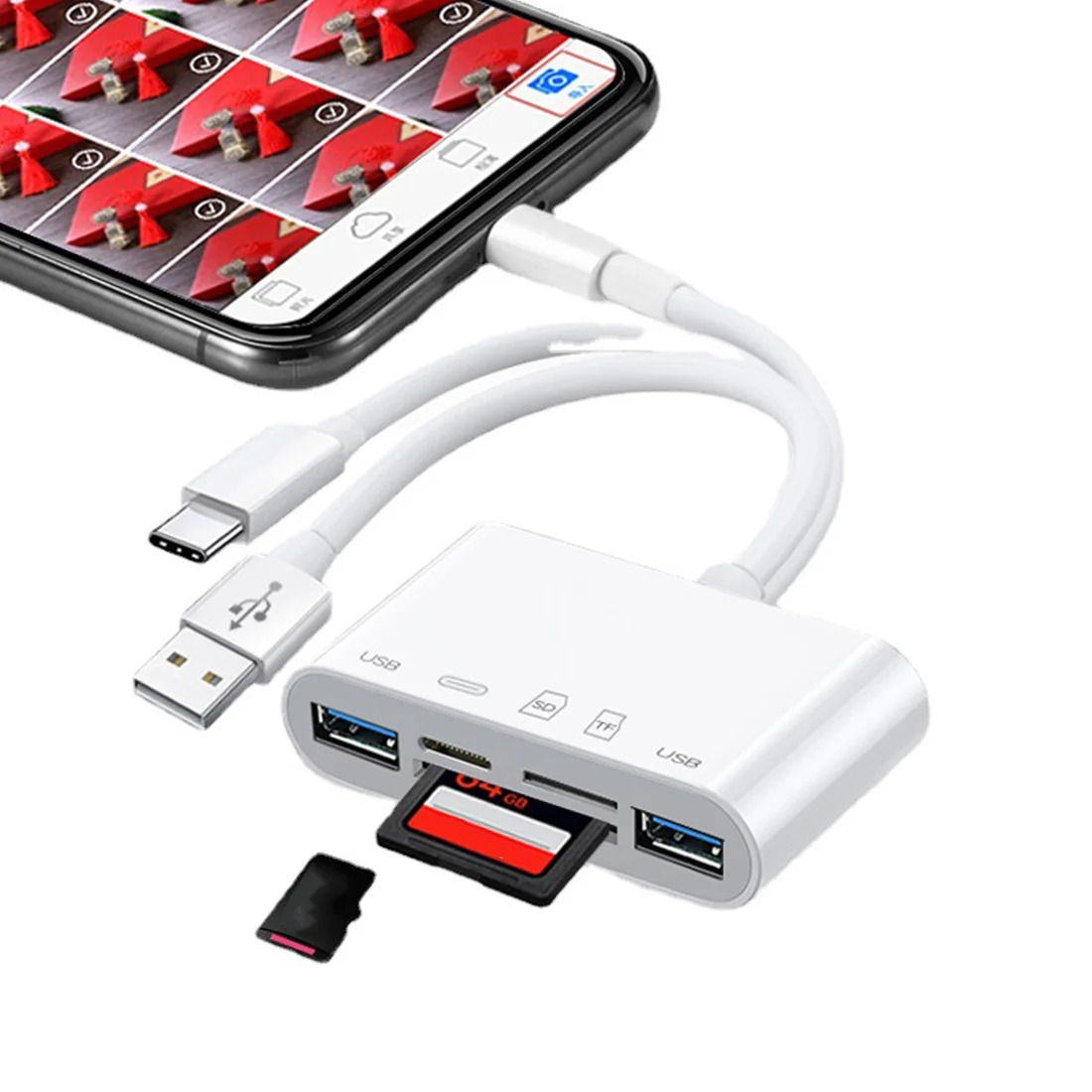 Telefona bağlı USB, USB-C ve SD kart yuvalarına sahip beyaz kart okuyucu.