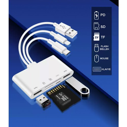 USB, SD ve TF kart yuvaları ve bir flash sürücüye sahip beyaz bir adaptör. Mavi bir arka plan üzerinde.