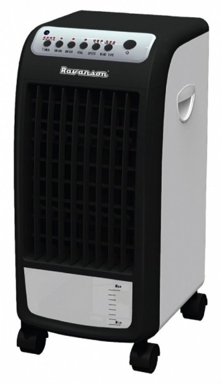 Czarno-biała chłodziarka powietrza na kółkach. Posiada panel sterowania na górze i wskaźnik poziomu wody.