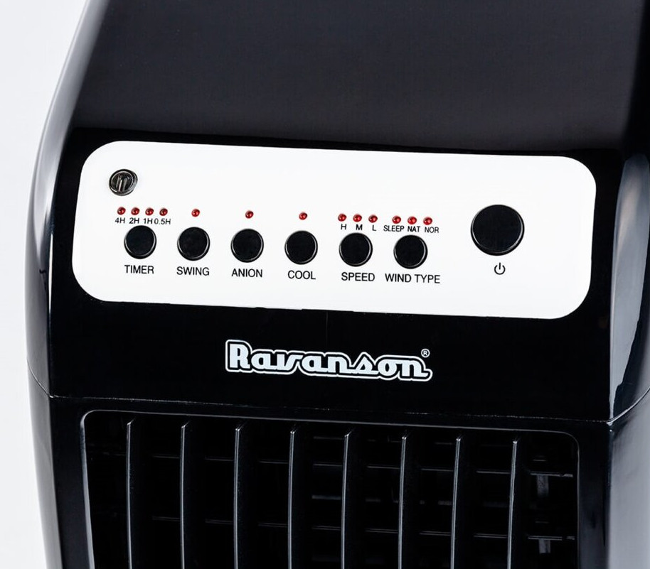 Czarny panel sterowania chłodziarki powietrza z przyciskami i nazwą 'RavanSon'.