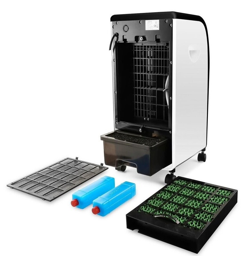 Biało-czarna chłodziarka powietrza z akcesoriami: wkłady chłodzące, filtry i pojemnik na wodę.