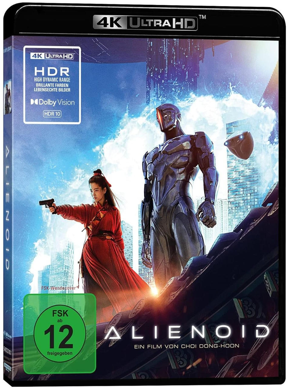 Alienoid Filmcover. Eine Frau mit Waffe und ein Roboter. 4K Ultra HD und FSK 12.