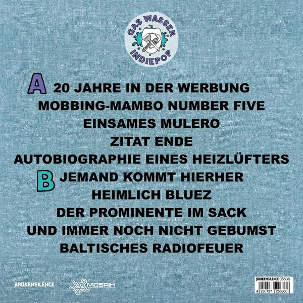 Album-Rückseite mit Songtiteln und Logos auf blauem Hintergrund.
