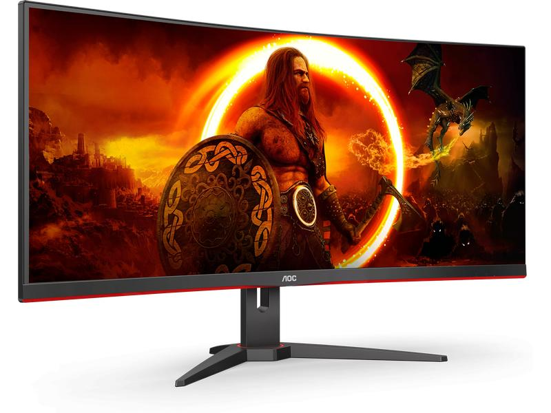 Ein gekrümmter Gaming-Monitor mit einem Wikinger-Krieger-Bild auf dem Bildschirm.