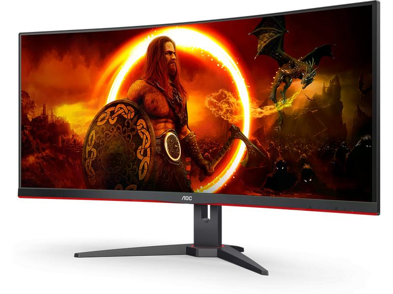 Curved Monitor mit Spielszene. Krieger mit Schild und Axt, Drache im Hintergrund.