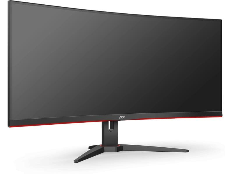 Gebogener schwarzer AOC-Monitor mit rotem Akzent unten.