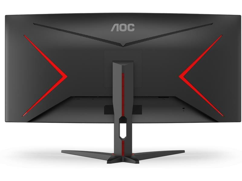 Rückansicht eines schwarzen AOC-Monitors mit roten Designakzenten und einem schwarzen Ständer.
