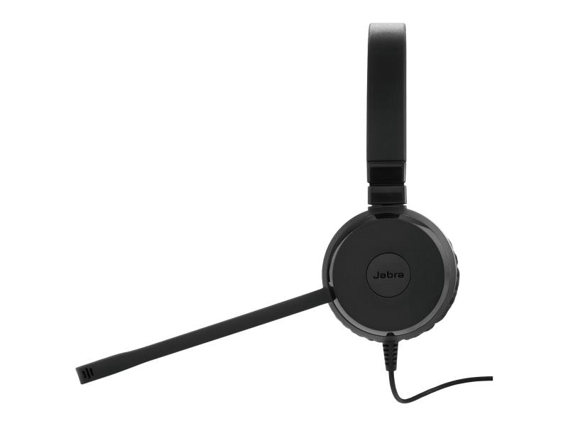 Schwarzes Jabra-Headset mit Mikrofon auf weißem Hintergrund. Das Jabra-Logo ist sichtbar.