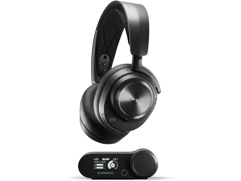 Schwarze SteelSeries-Kopfhörer mit einem Steuerrad, isoliert auf weißem Hintergrund.