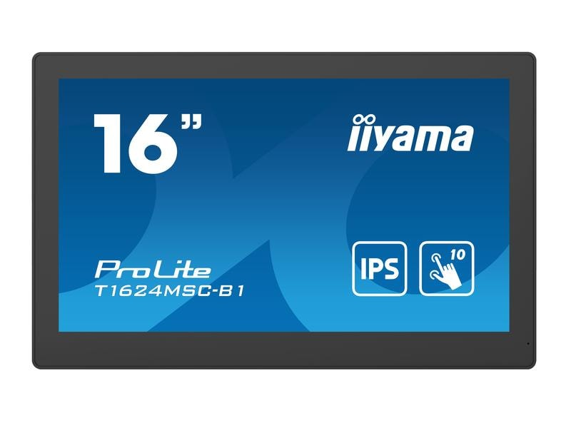 Ein 16" iiyama ProLite Monitor mit IPS- und Touch-Funktionen in einem dunkelgrauen Rahmen.
