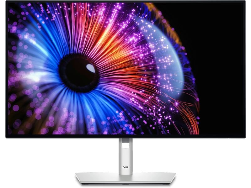 Ein moderner Dell Monitor mit dünnen Rändern und einem farbenfrohen, abstrakten Hintergrundbild auf dem Bildschirm.