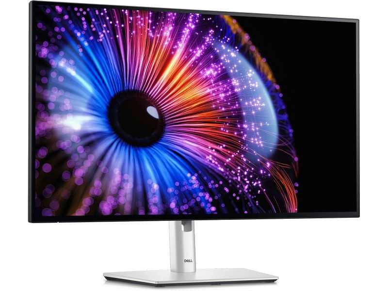 Ein moderner Dell-Monitor zeigt ein buntes Auge mit blauen und violetten Lichteffekten.