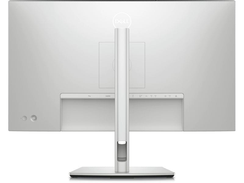 Rückseite eines silbernen Dell-Monitors mit Standfuß und Anschlussports vor weißem Hintergrund.