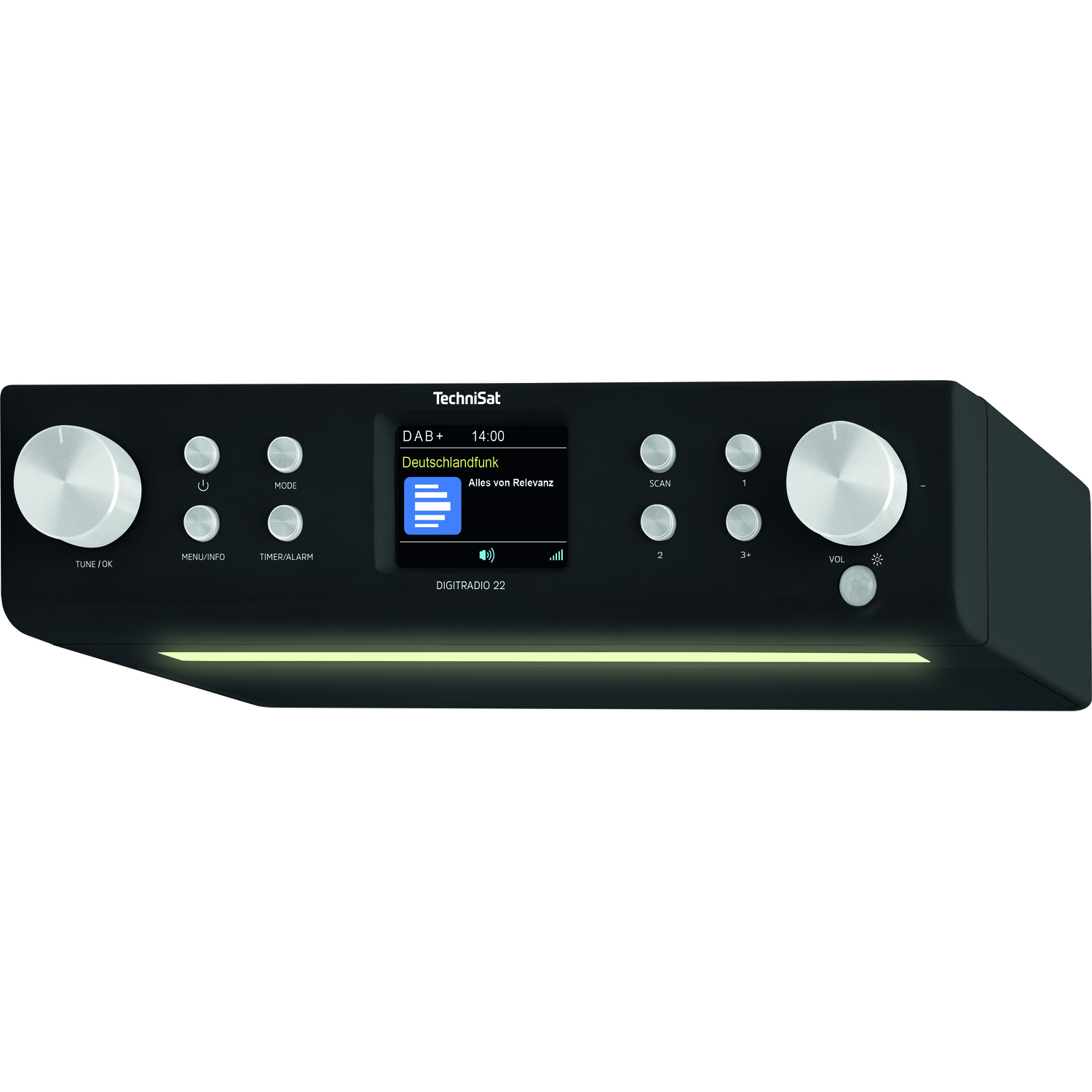 Zwarte digitale radio met een display, knoppen en een licht.