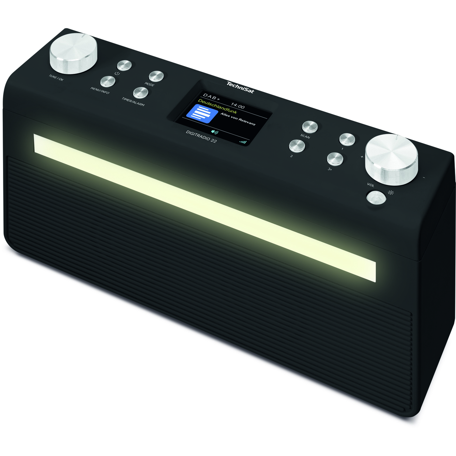 Zwarte TechniSat-radio met een oplichtende lichtbalk. Toont display met zenderinfo.