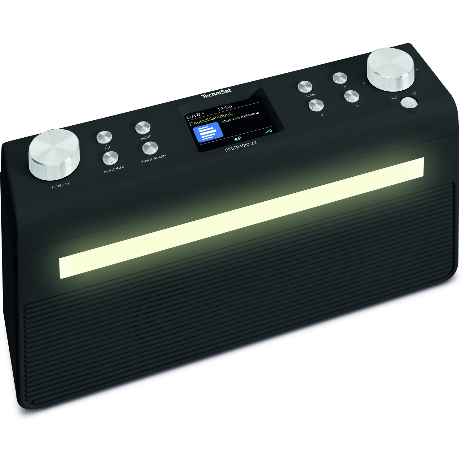 Een zwarte digitale radio met een scherm, knoppen en een lichtbalk bovenop.
