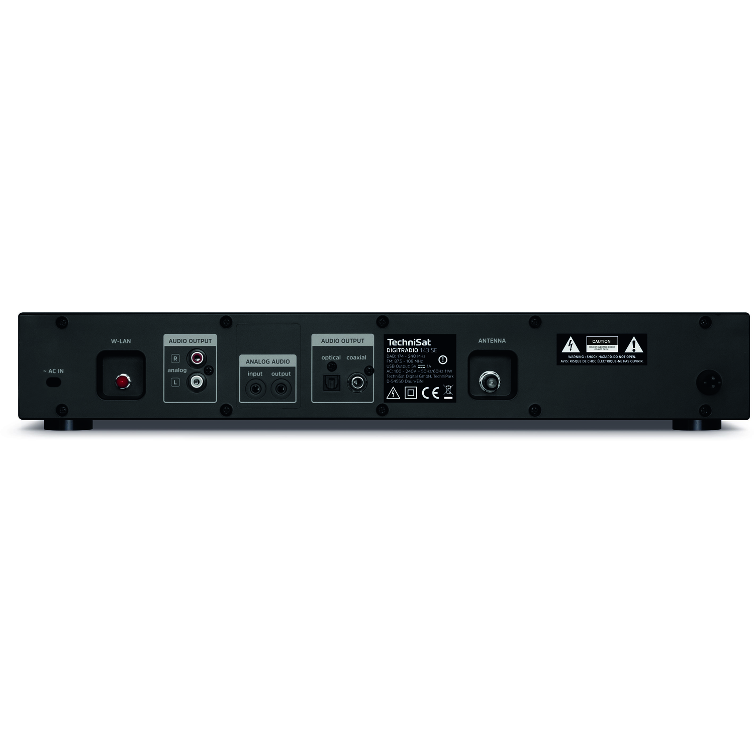 Black TechniSat DIGITRADIO 143 SE back panel with various ports: AC IN, W-LAN, Audio Output, Antenna, and warning labels.
