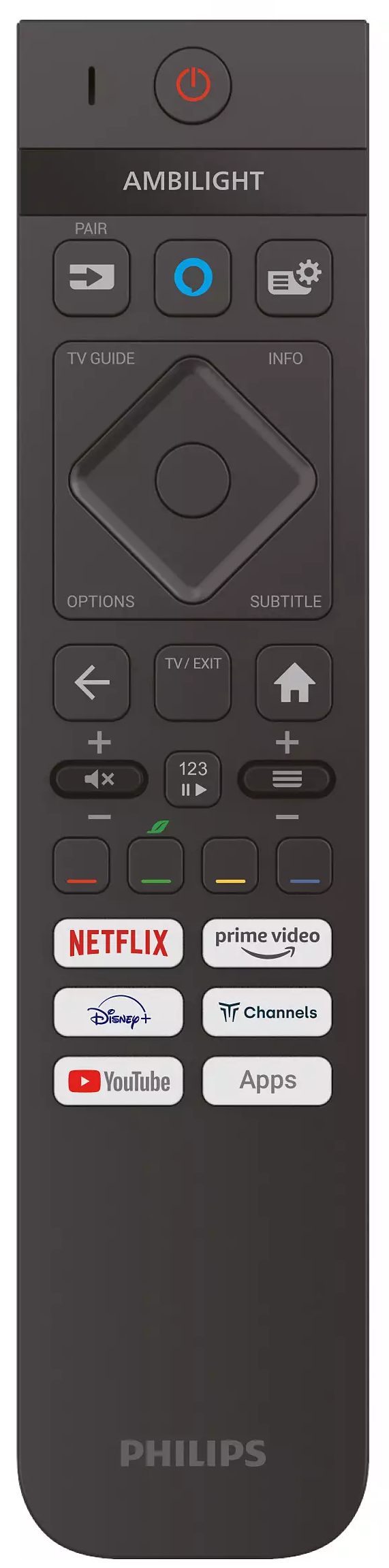 Pilot Philips z różnymi przyciskami, w tym Netflix i YouTube.